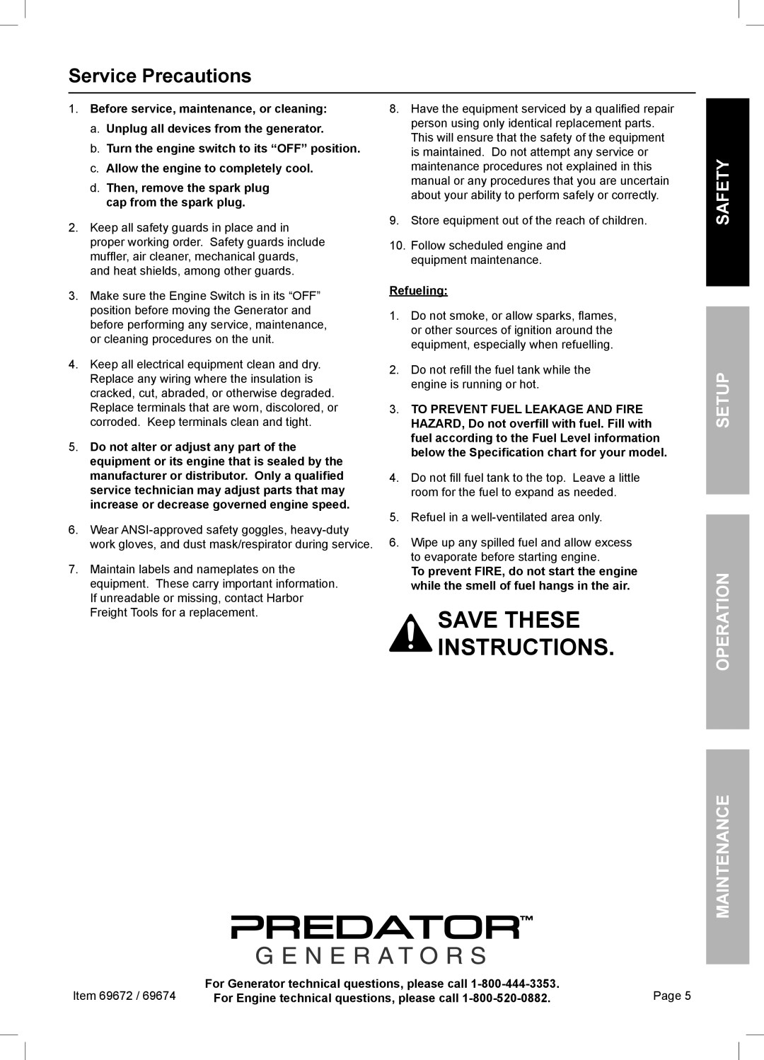 Harbor Freight Tools 69672 manual Service Precautions, Before service, maintenance, or cleaning, Refueling, Safety, Page 