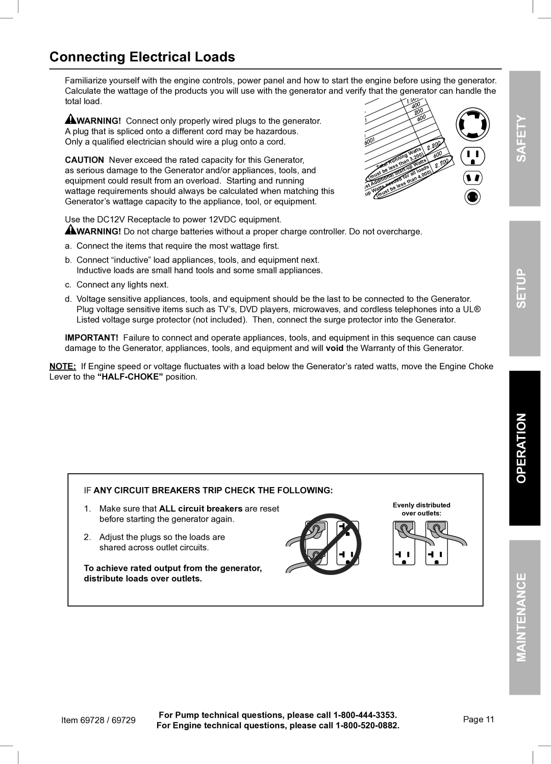 Harbor Freight Tools 69728 owner manual Connecting Electrical Loads, Setup Operation 