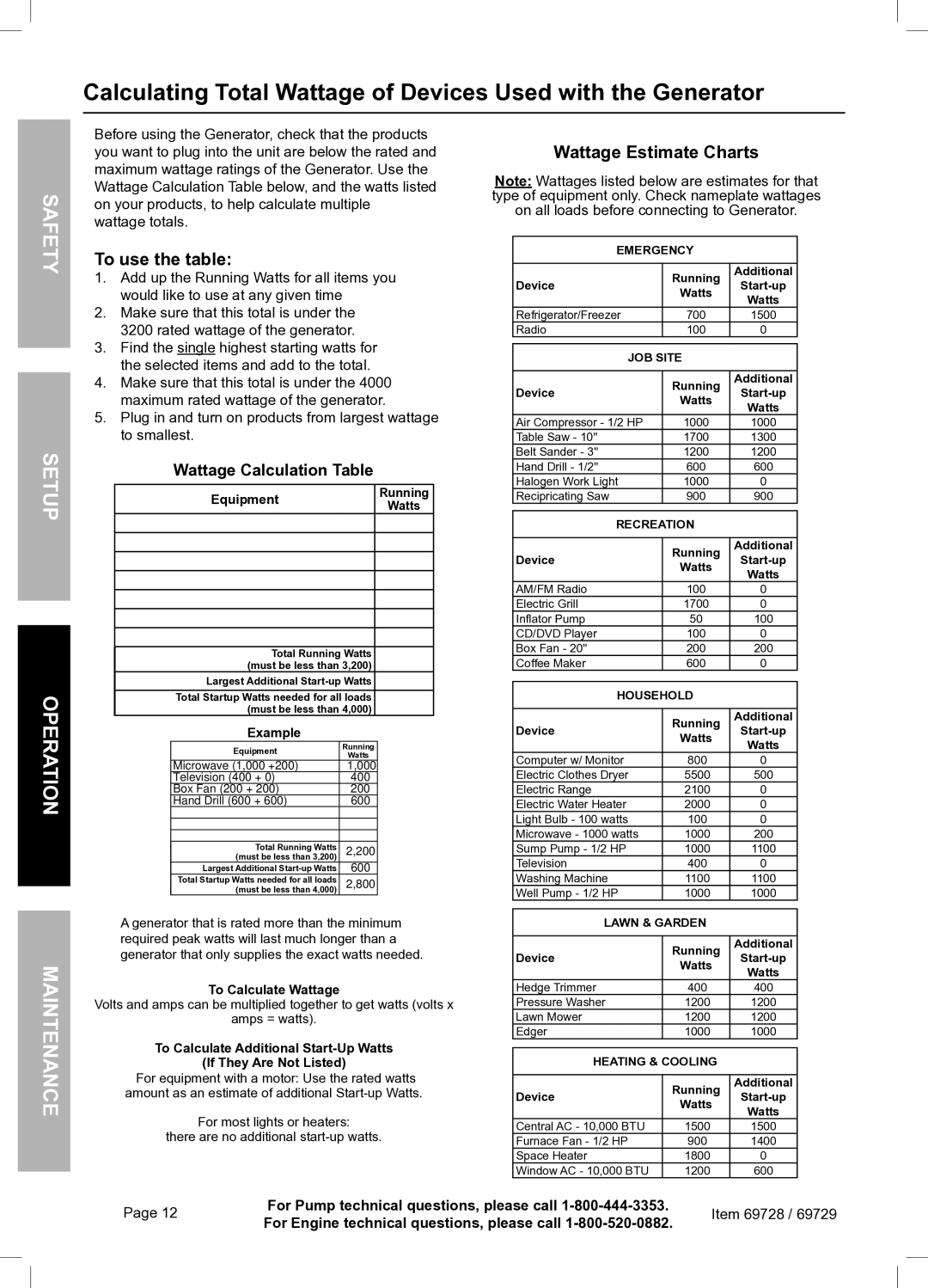 Harbor Freight Tools 69728 owner manual Equipment, Example, To Calculate Wattage 