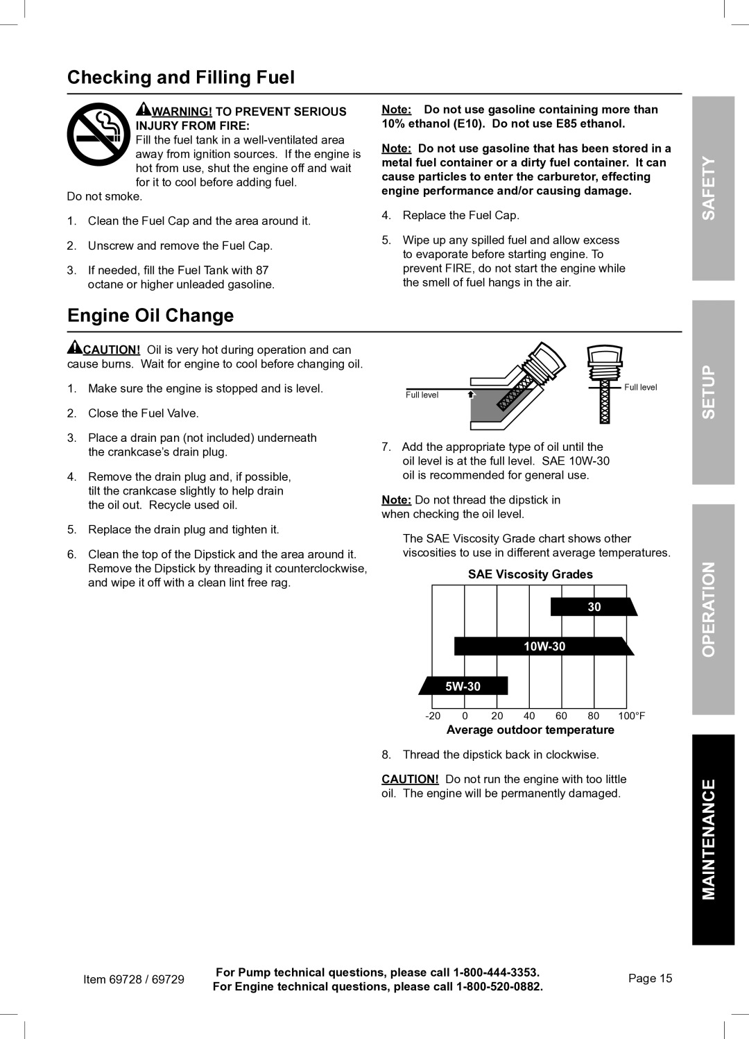 Harbor Freight Tools 69728 owner manual Checking and Filling Fuel, Engine Oil Change 