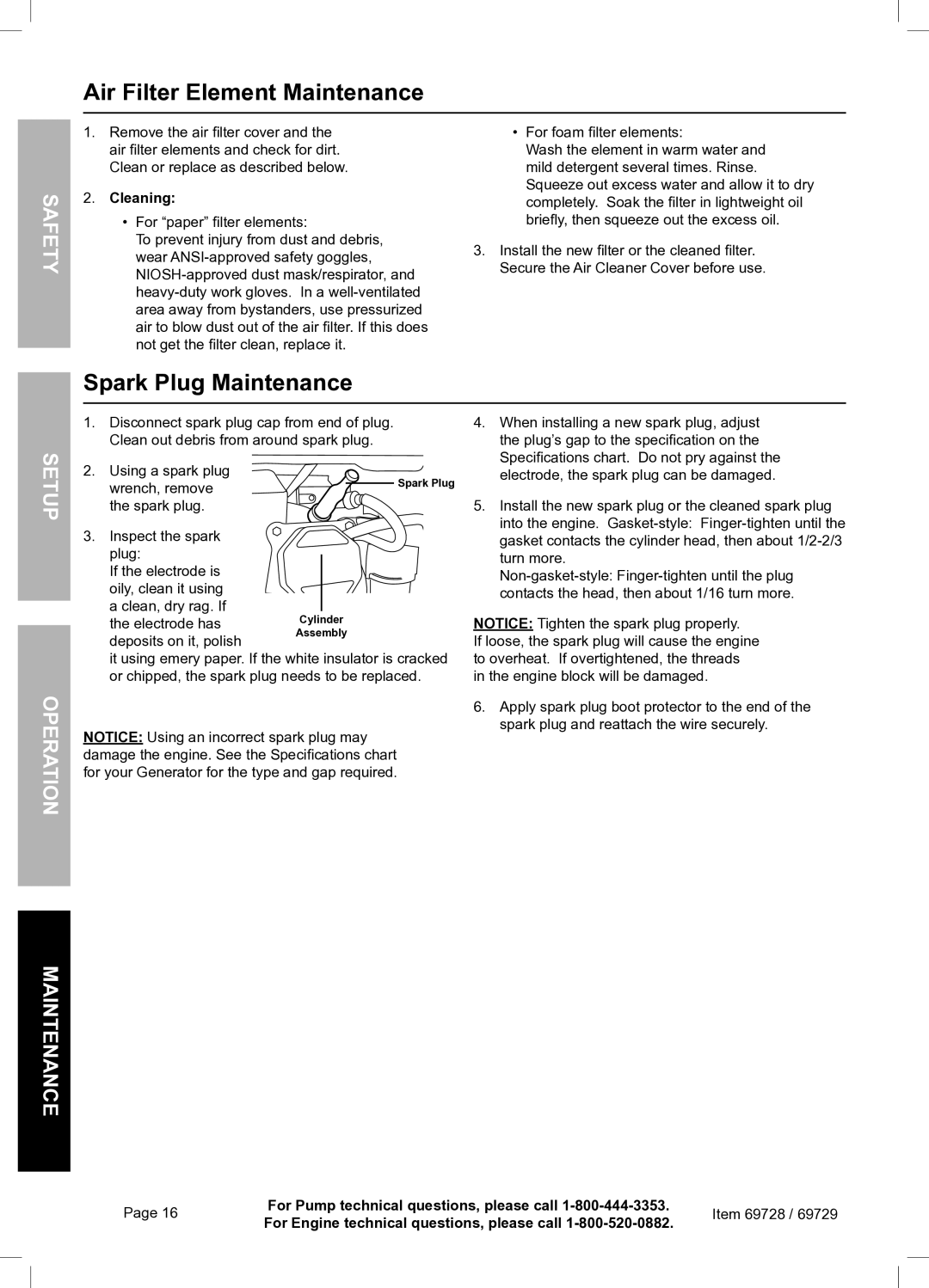 Harbor Freight Tools 69728 Air Filter Element Maintenance, Spark Plug Maintenance, Setu RatiepO Maintenan, Cleaning 