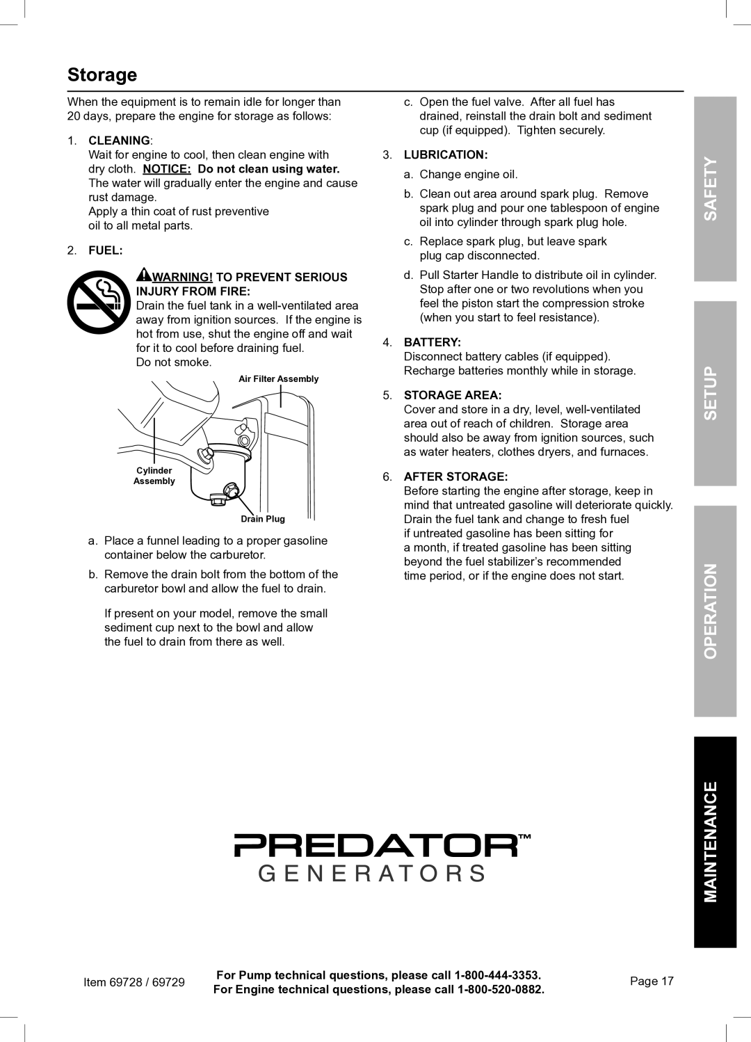 Harbor Freight Tools 69728 owner manual Fuel, Lubrication, Battery, After Storage 