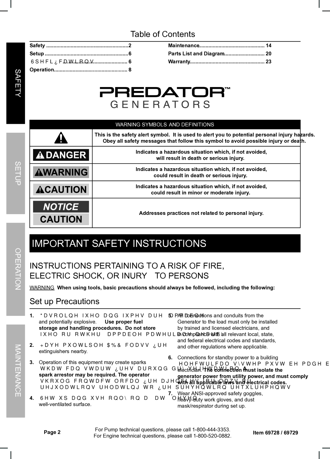 Harbor Freight Tools 69728 owner manual Important Safety Instructions, Table of Contents 