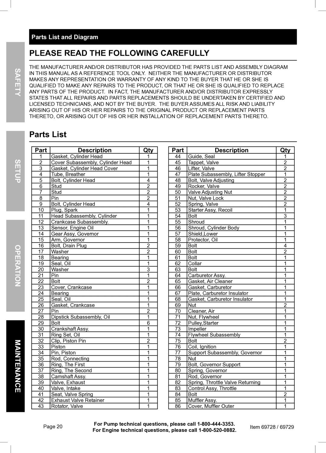 Harbor Freight Tools 69728 owner manual Please Read the Following Carefully, Parts List 