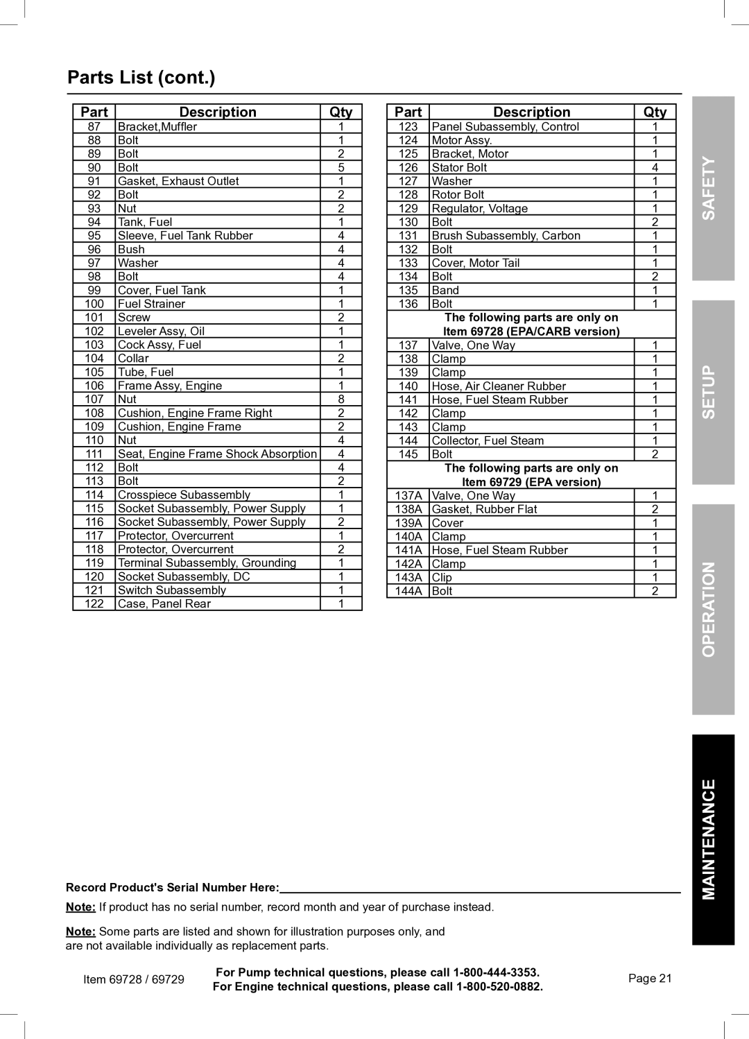 Harbor Freight Tools owner manual Safety Setup Operation, Item 69728 EPA/CARB version, Item 69729 EPA version 