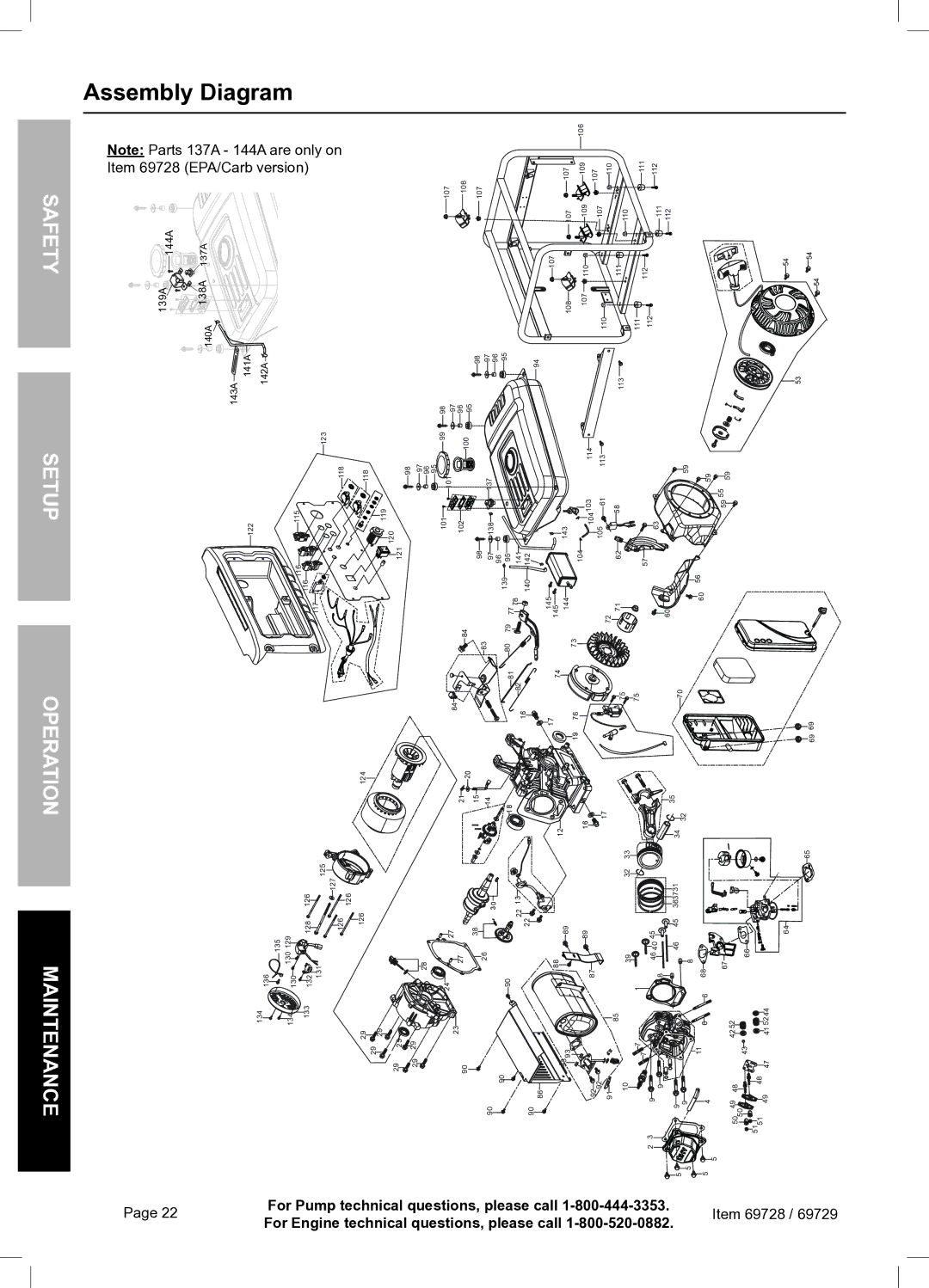 Harbor Freight Tools owner manual Assembly Diagram, Item 69728 EPA/Carb version 