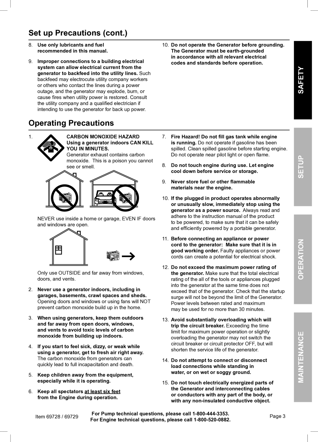 Harbor Freight Tools 69728 owner manual Operating Precautions, Safety, Setup Operation Maintenance 