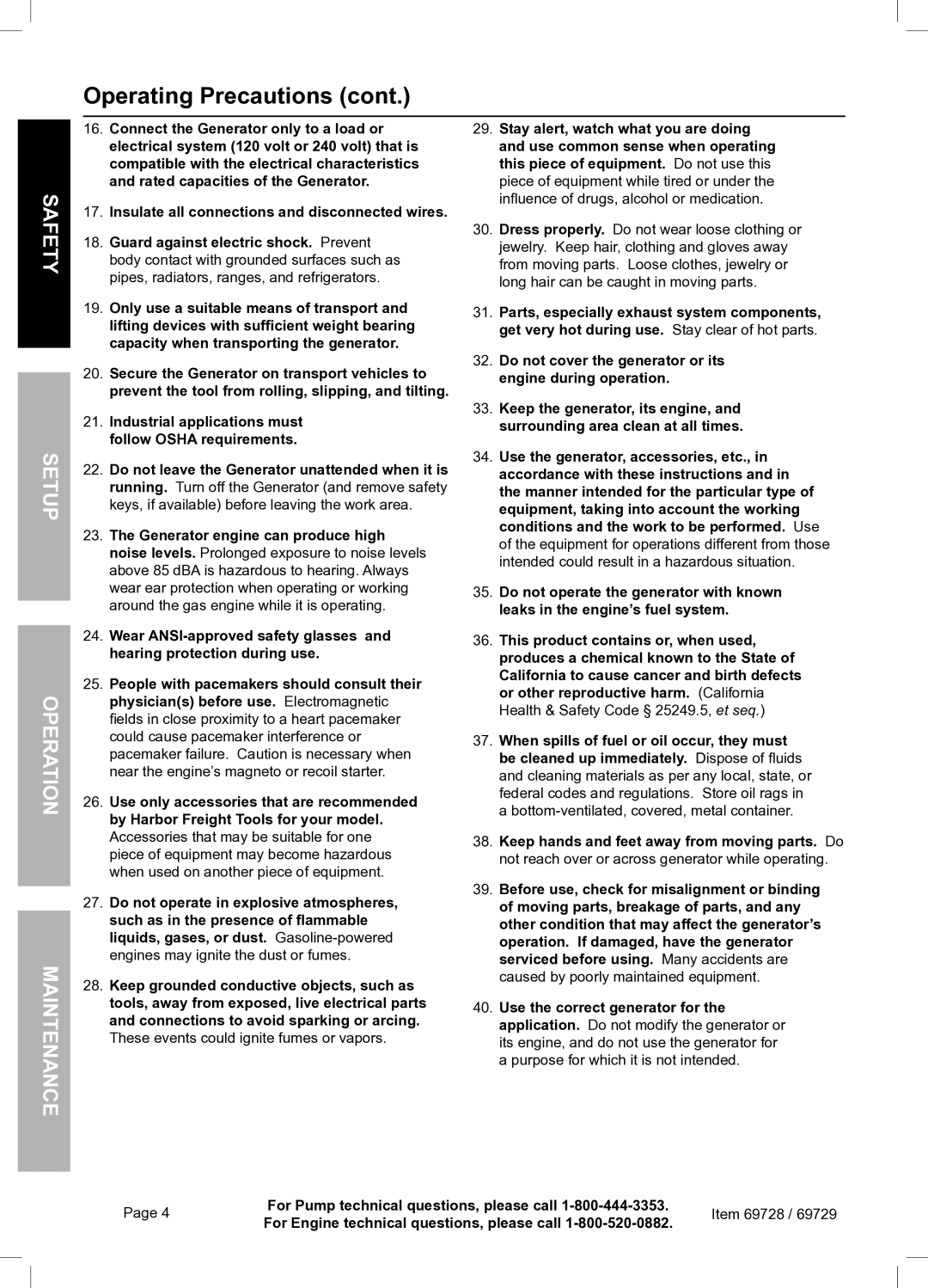 Harbor Freight Tools 69728 owner manual Fet Sa Setu RatiepO Maintenan 