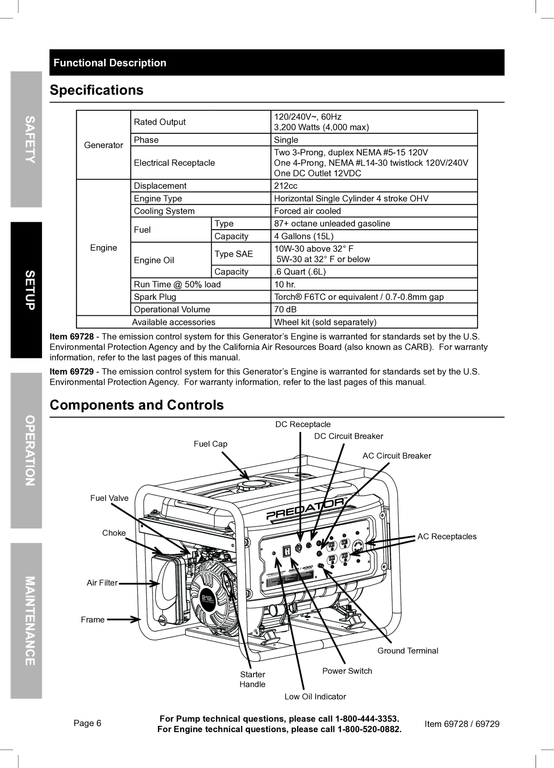 Harbor Freight Tools 69728 owner manual Specifications, Components and Controls, Fet Sa Setu RatiepO 