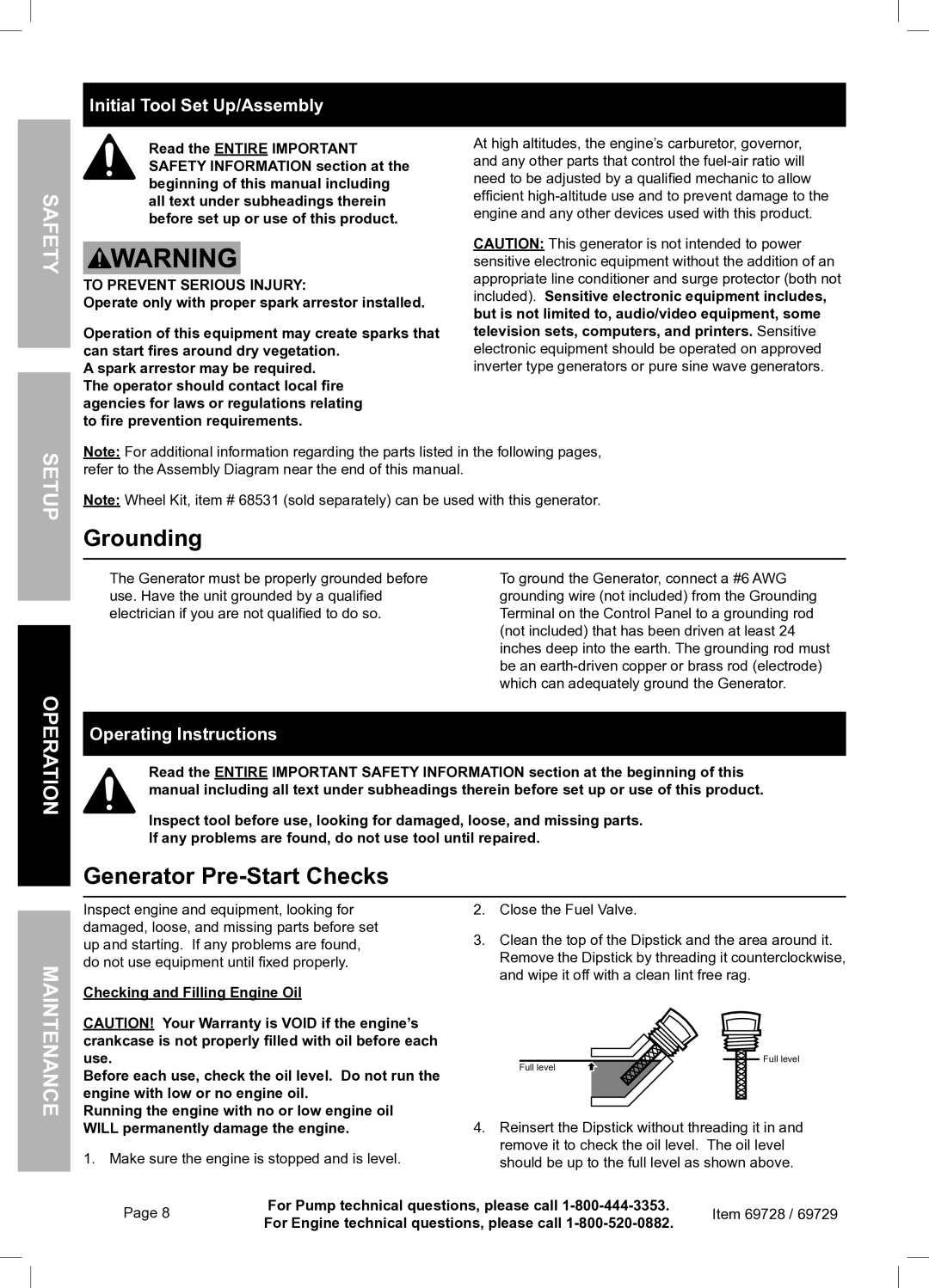 Harbor Freight Tools 69728 owner manual Grounding, Generator Pre-Start Checks, Checking and Filling Engine Oil 