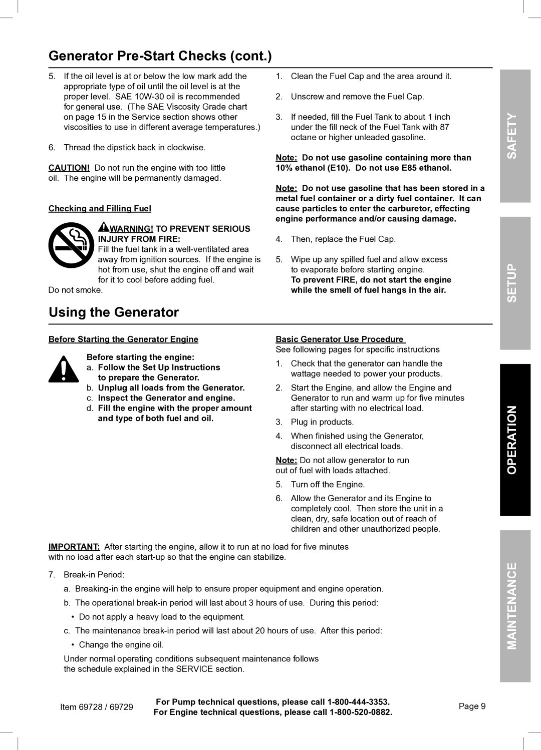 Harbor Freight Tools 69728 owner manual Using the Generator, Safety Setup, Checking and Filling Fuel 