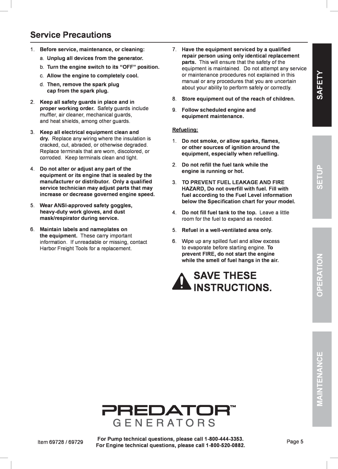 Harbor Freight Tools 69728 owner manual Service Precautions, Setup, Maintenance, Save these instructions, Safety, Operation 