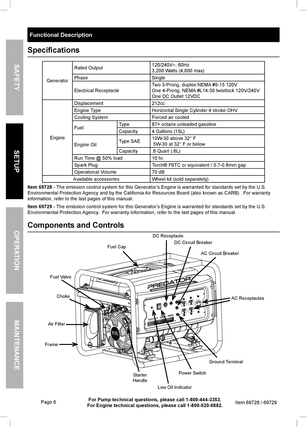 Harbor Freight Tools 69728 Specifications, Components and Controls, y fet Sa p Setu ratiepO, Functional Description 