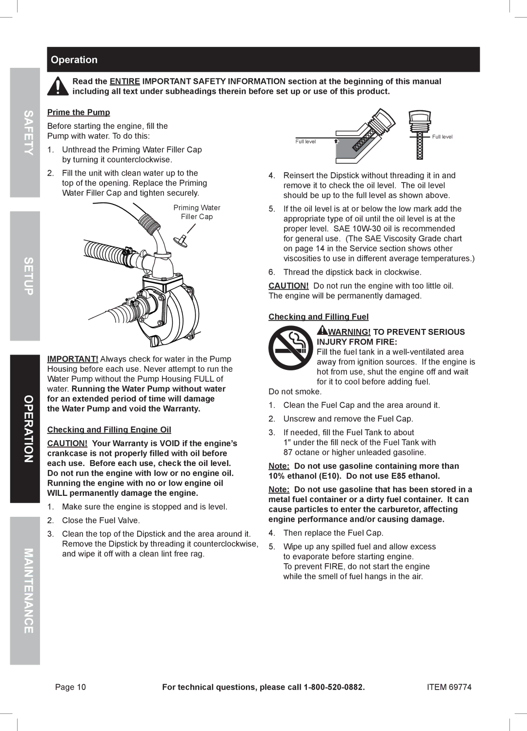 Harbor Freight Tools 69774 manual Operation, Prime the Pump, Checking and Filling Engine Oil, Checking and Filling Fuel 