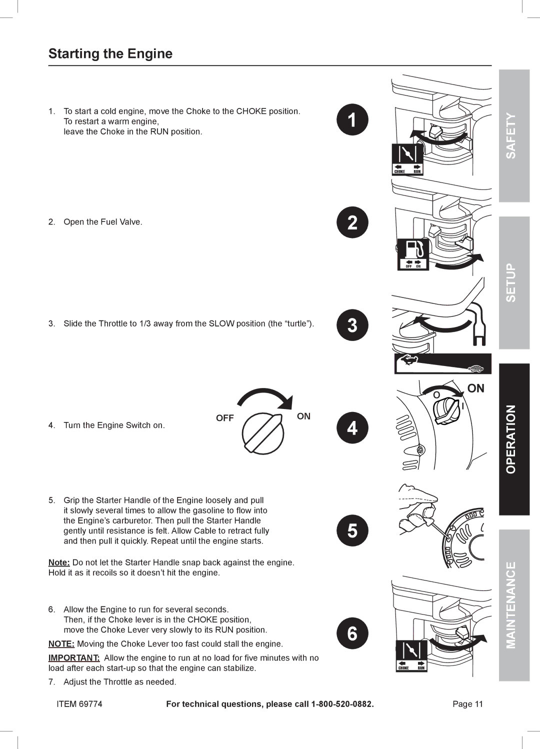 Harbor Freight Tools 69774 manual Starting the Engine 