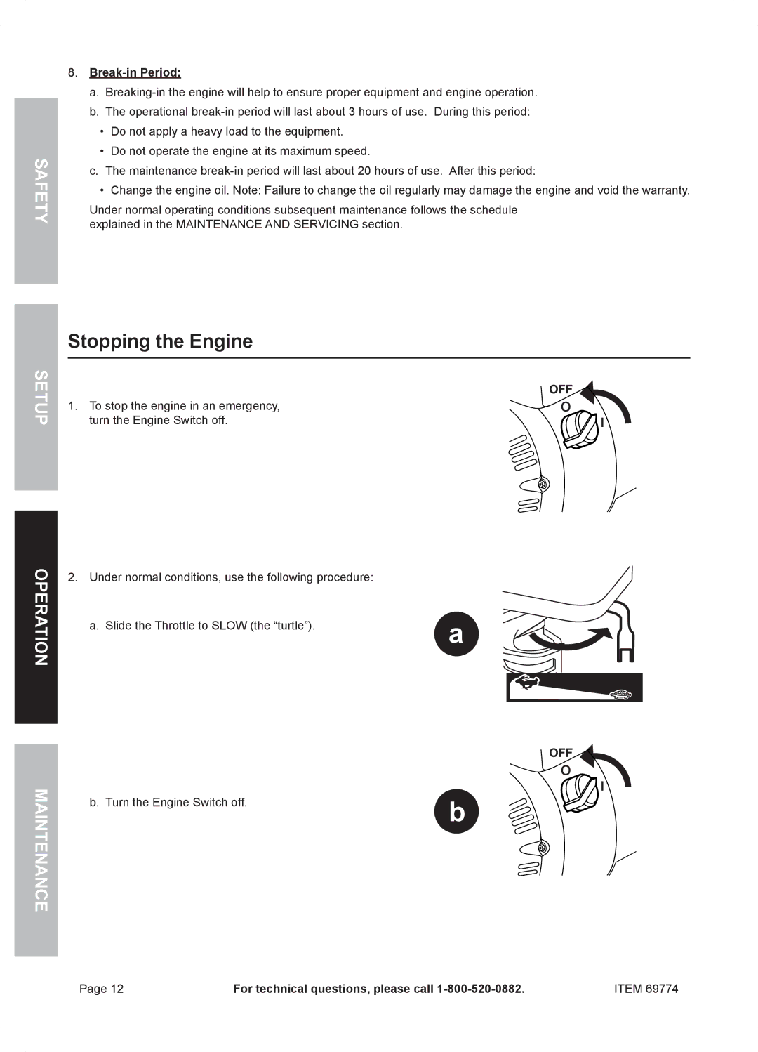 Harbor Freight Tools 69774 manual Stopping the Engine, Break-in Period 