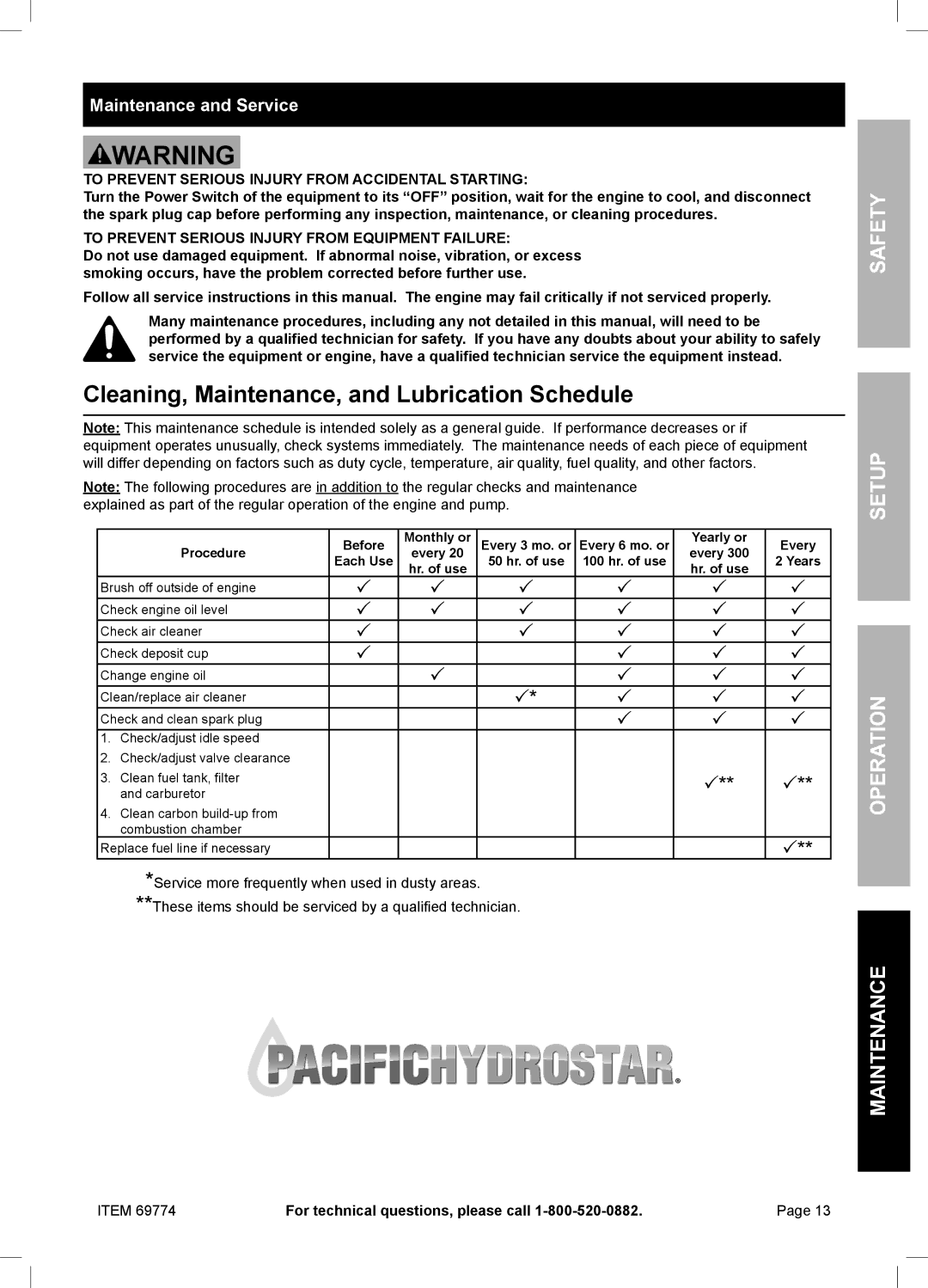 Harbor Freight Tools 69774 manual Cleaning, Maintenance, and Lubrication Schedule, Maintenance and Service 