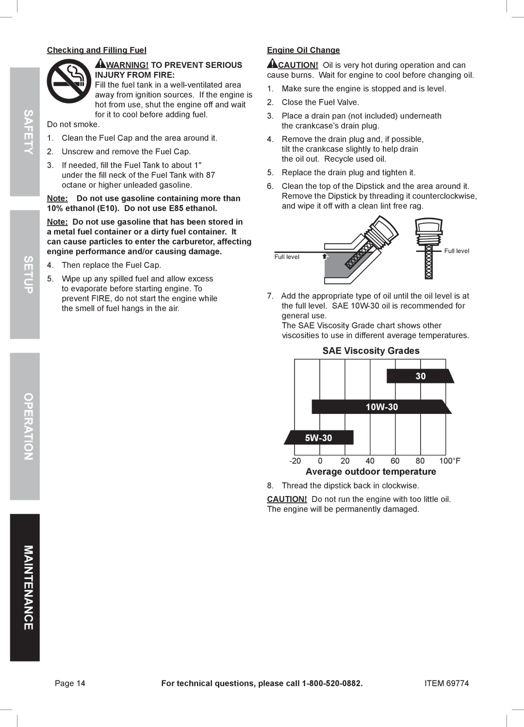 Harbor Freight Tools 69774 manual Checking and Filling Fuel, Engine Oil Change 