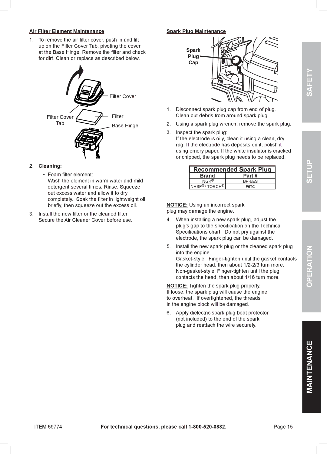 Harbor Freight Tools 69774 Recommended Spark Plug, Air Filter Element Maintenance, Cleaning, Spark Plug Maintenance Cap 