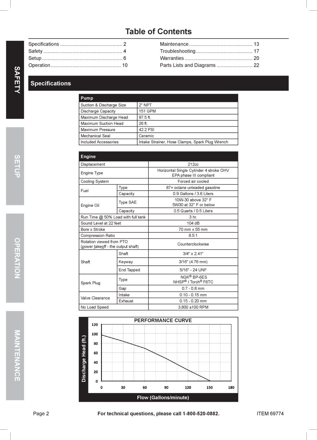 Harbor Freight Tools 69774 manual Table of Contents 