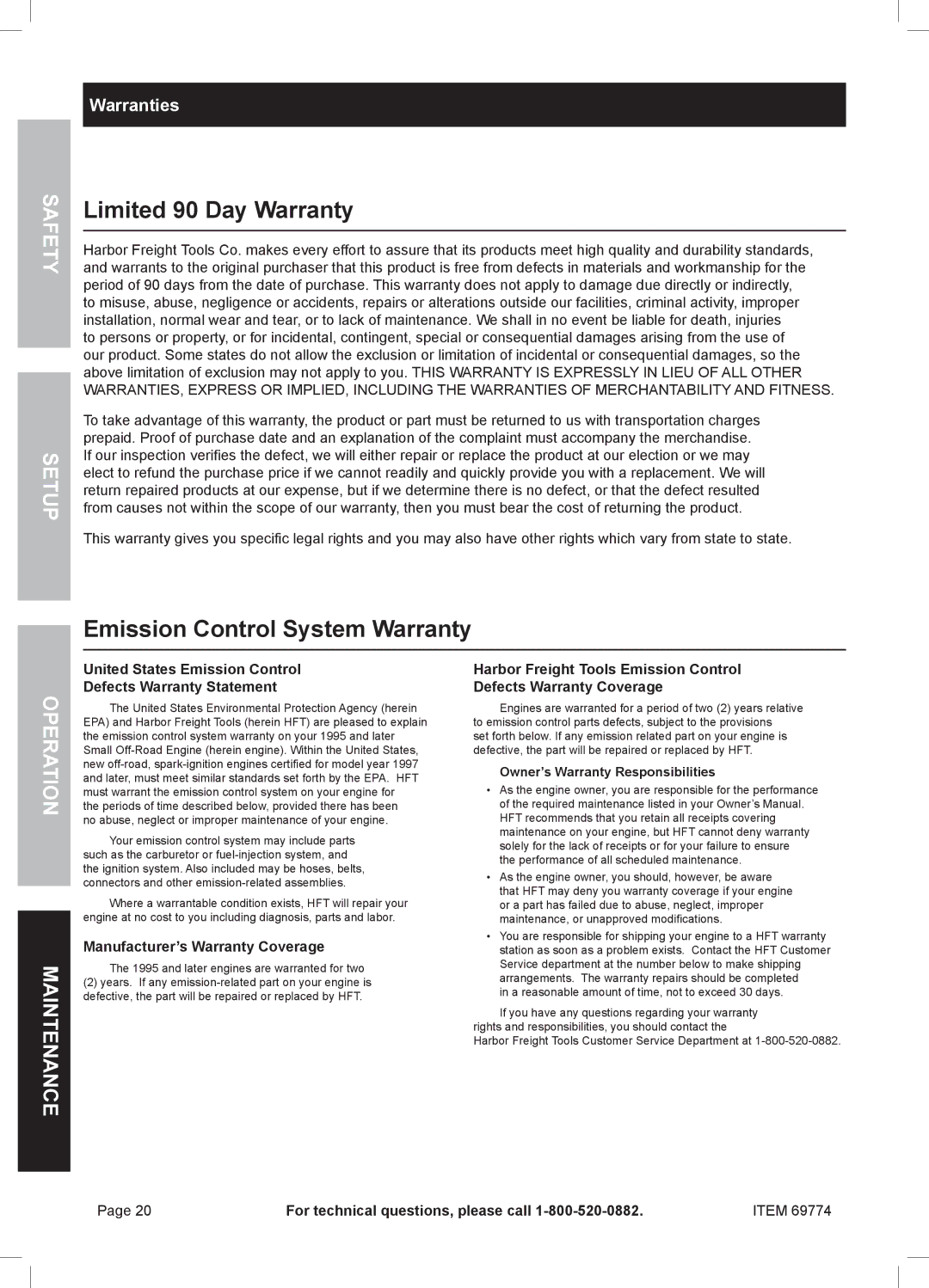 Harbor Freight Tools 69774 manual Limited 90 Day Warranty, Emission Control System Warranty, Warranties 