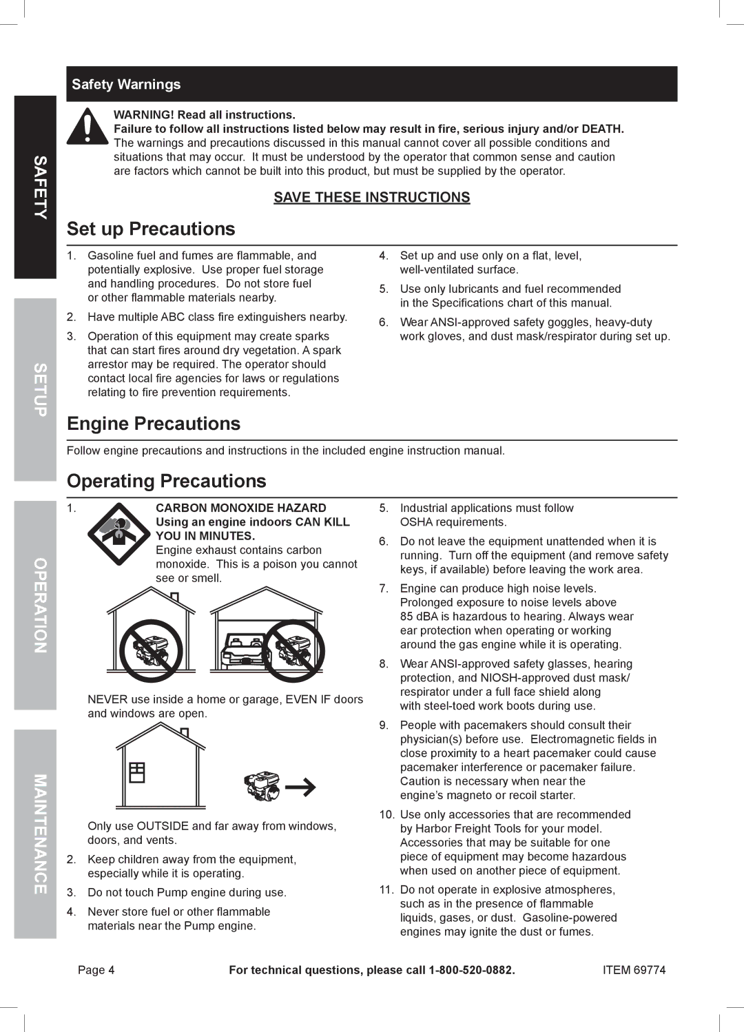 Harbor Freight Tools 69774 Set up Precautions, Engine Precautions Operating Precautions, Safety Warnings, YOU in Minutes 