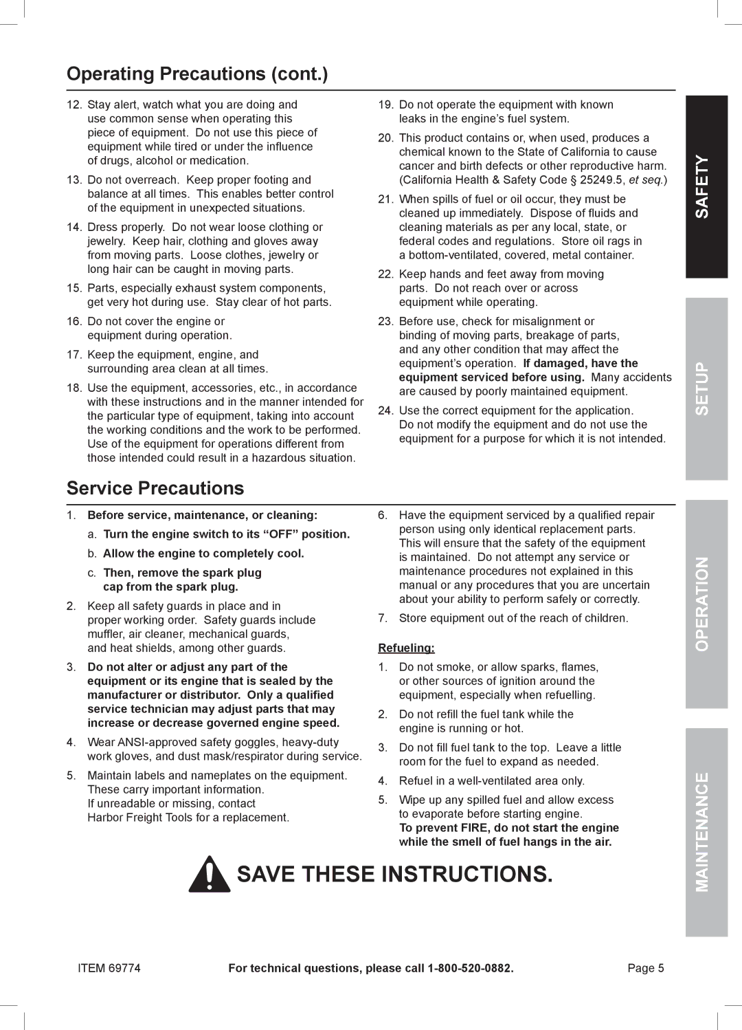 Harbor Freight Tools 69774 manual Service Precautions, Refueling 