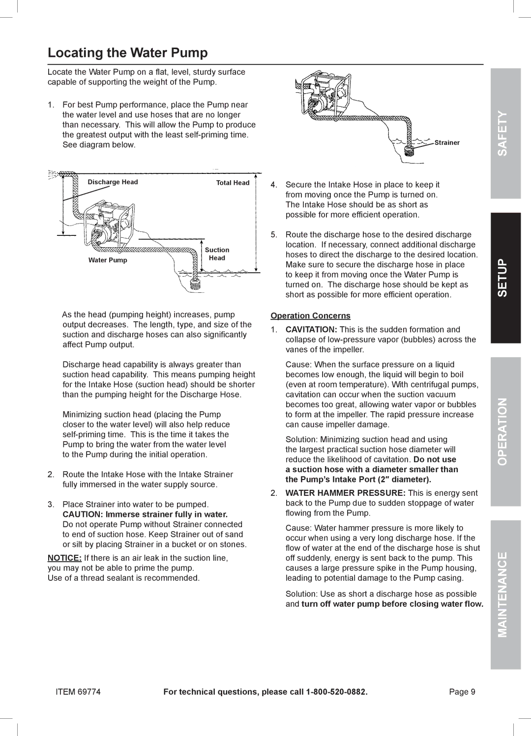 Harbor Freight Tools 69774 manual Locating the Water Pump, See diagram below, Operation Concerns 