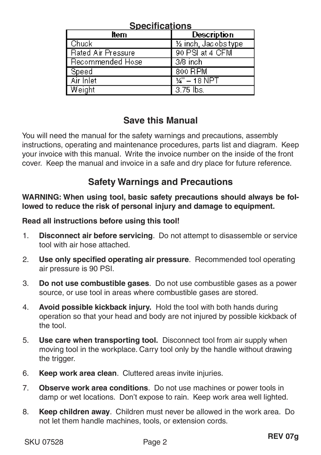 Harbor Freight Tools 7528 operating instructions Specifications Save this Manual, Safety Warnings and Precautions, REV 07g 