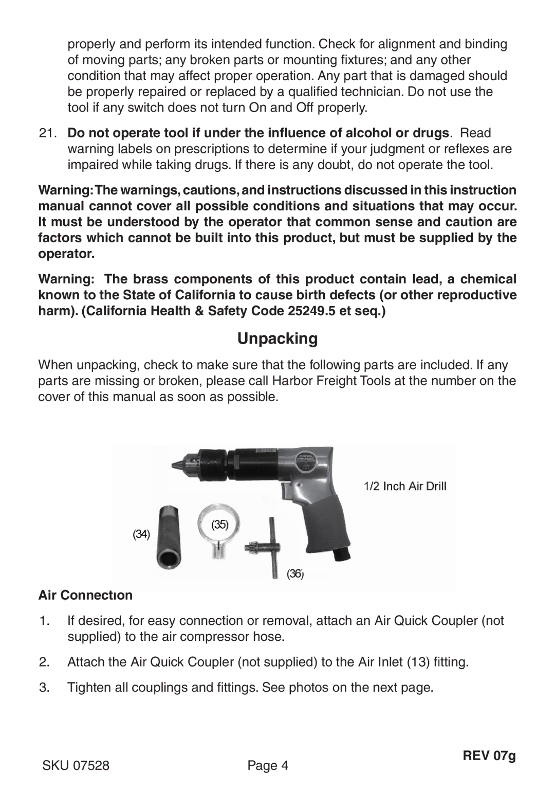 Harbor Freight Tools 7528 operating instructions Unpacking, Assembly, Air Connection 