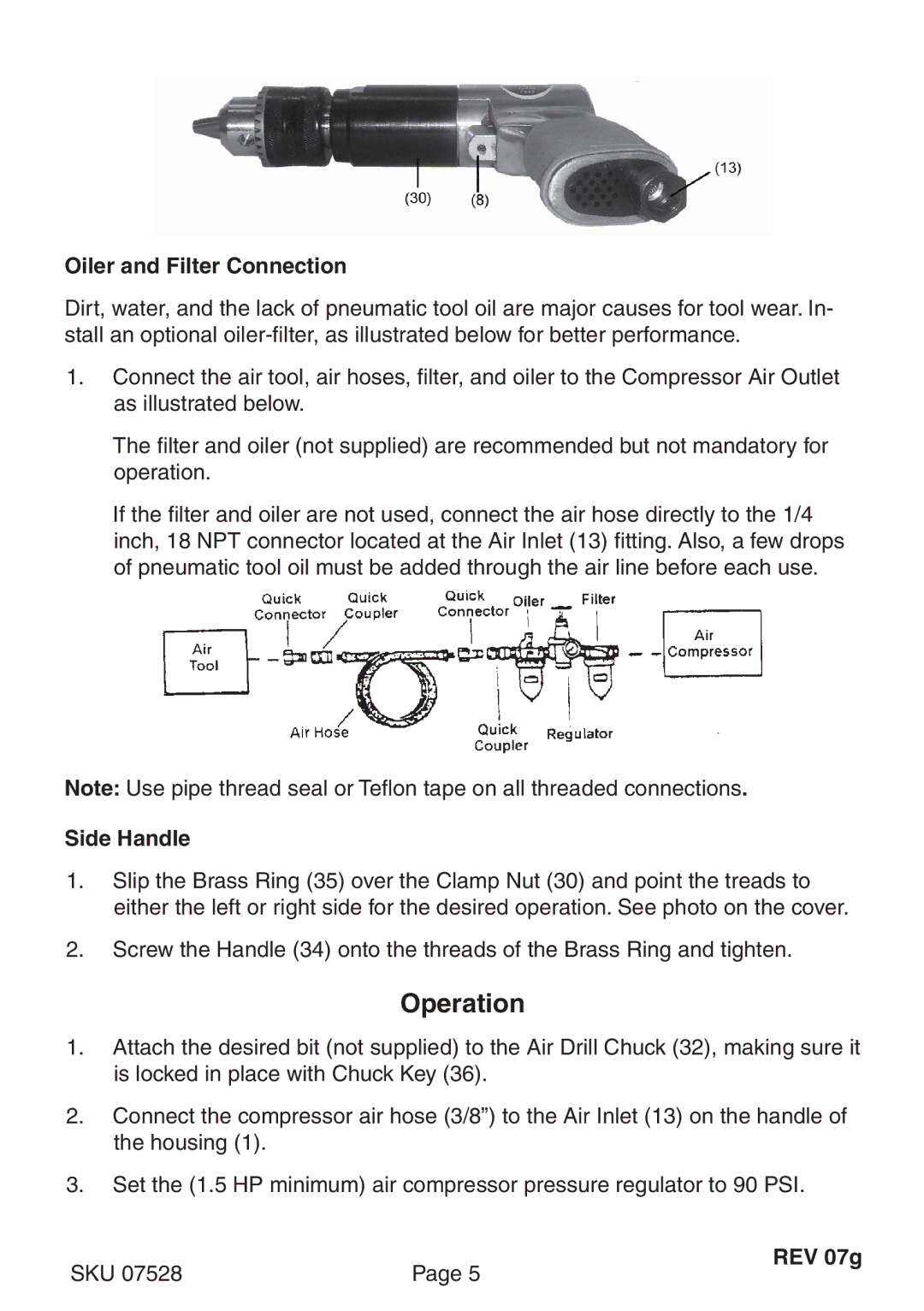 Harbor Freight Tools 7528 operating instructions Operation, Oiler and Filter Connection, Side Handle 