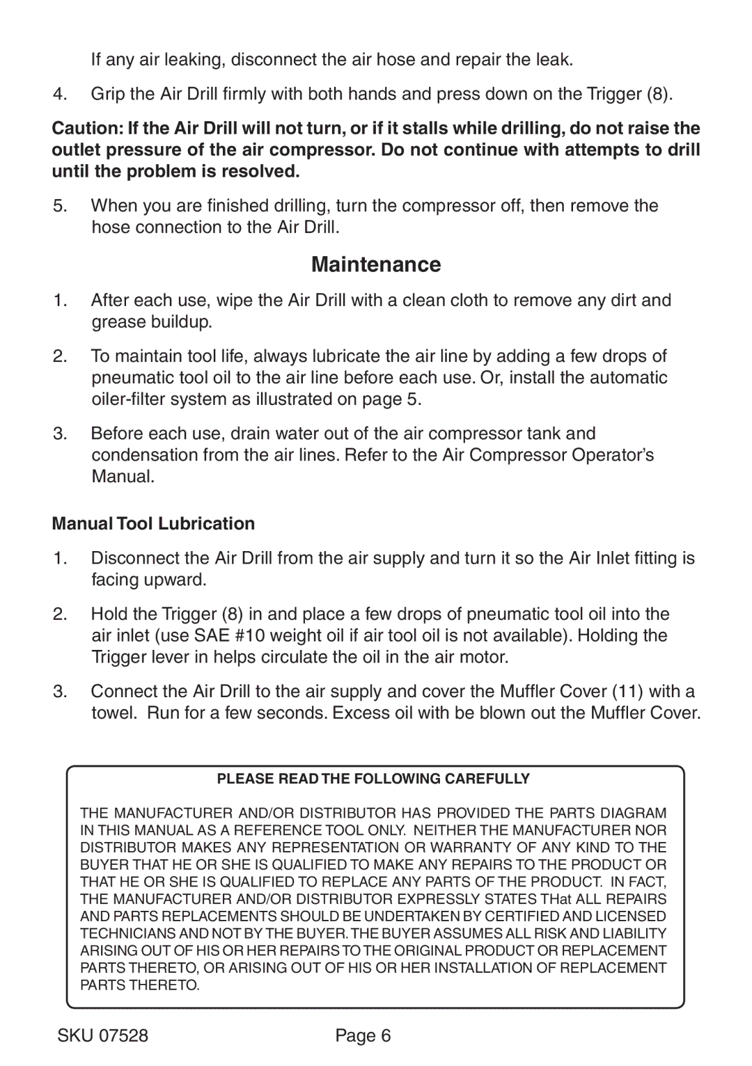 Harbor Freight Tools 7528 operating instructions Maintenance, Manual Tool Lubrication 