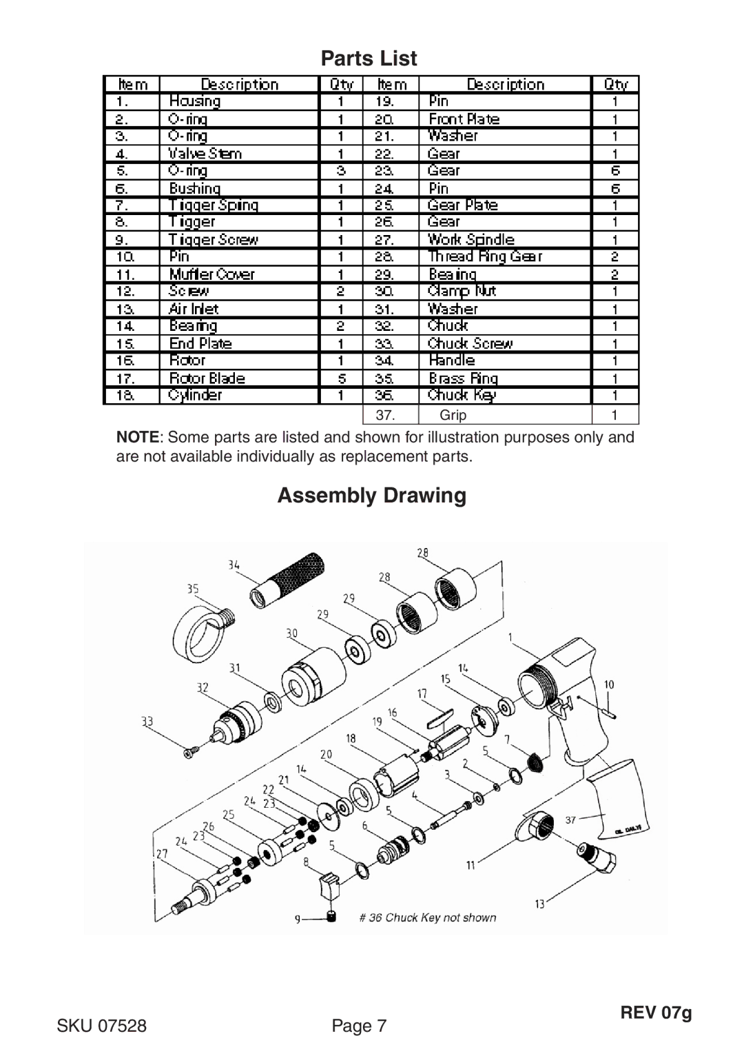 Harbor Freight Tools 7528 operating instructions Parts List, Assembly Drawing 