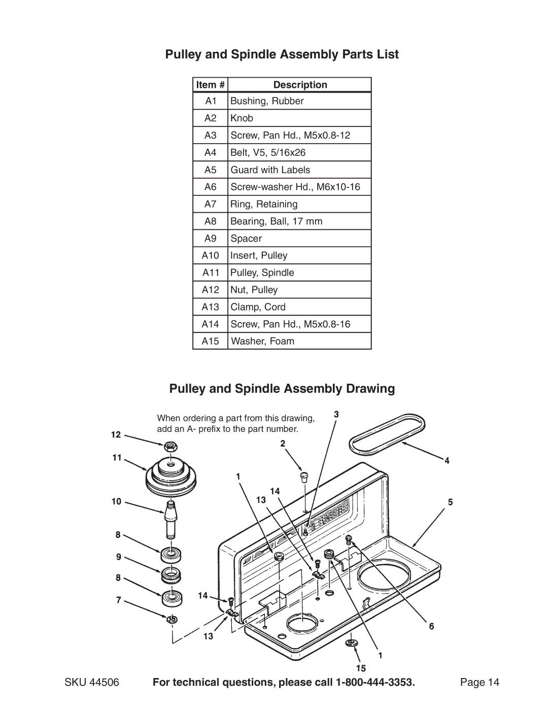 Harbor Freight Tools 8 inch drill press, 44506 Pulley and Spindle Assembly Parts List, Pulley and Spindle Assembly Drawing 