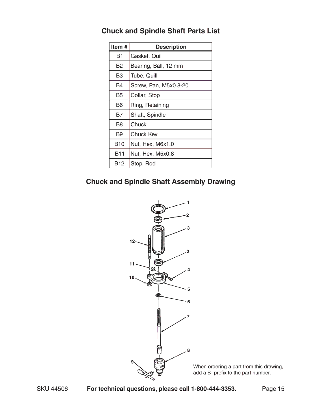 Harbor Freight Tools 44506 Chuck and Spindle Shaft Parts List, Chuck and Spindle Shaft Assembly Drawing 