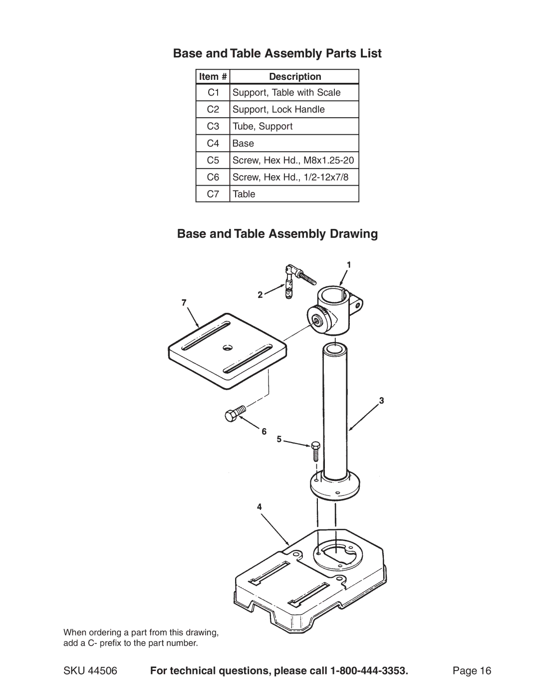 Harbor Freight Tools 8 inch drill press, 44506 Base and Table Assembly Parts List, Base and Table Assembly Drawing 