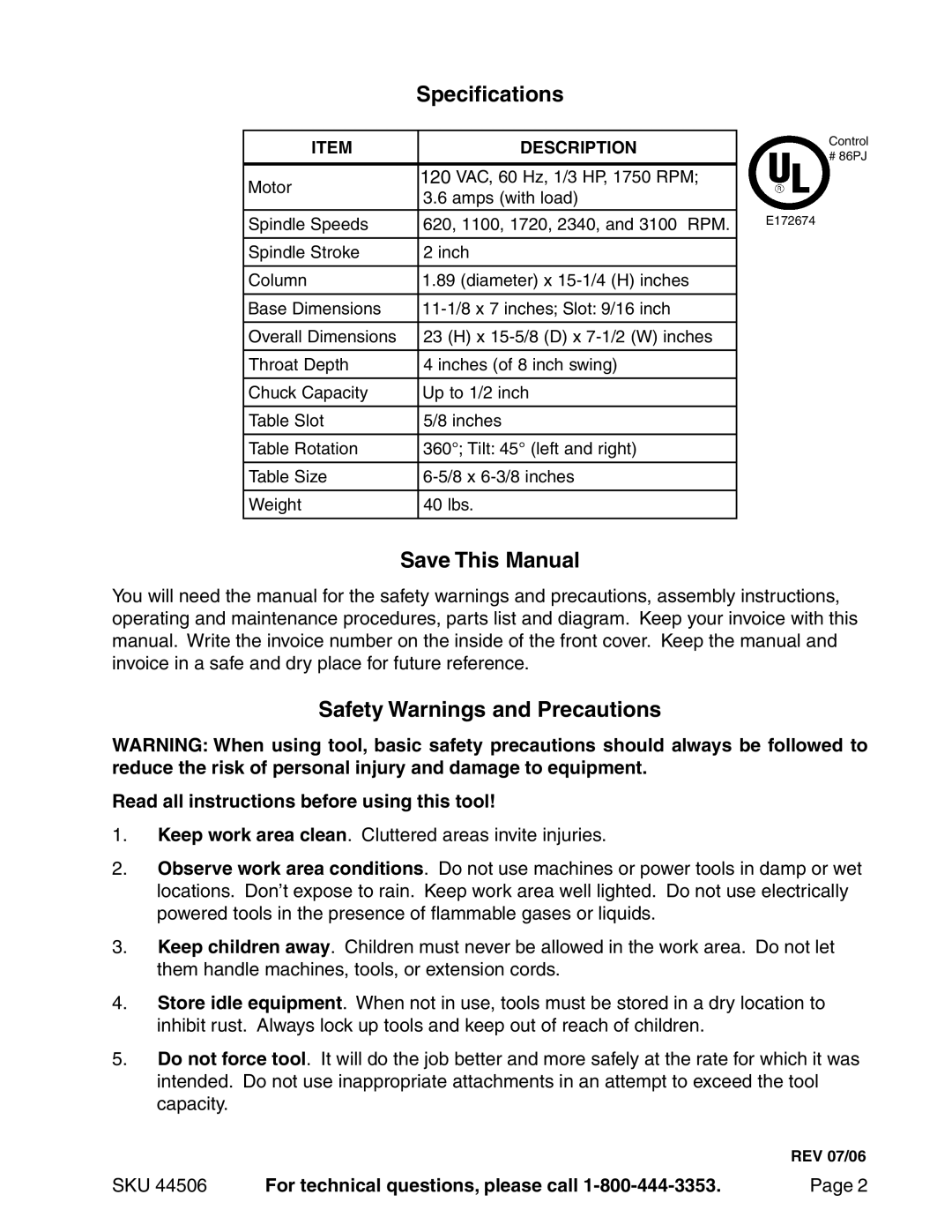 Harbor Freight Tools 8 inch drill press, 44506 Specifications, Save This Manual, Safety Warnings and Precautions 