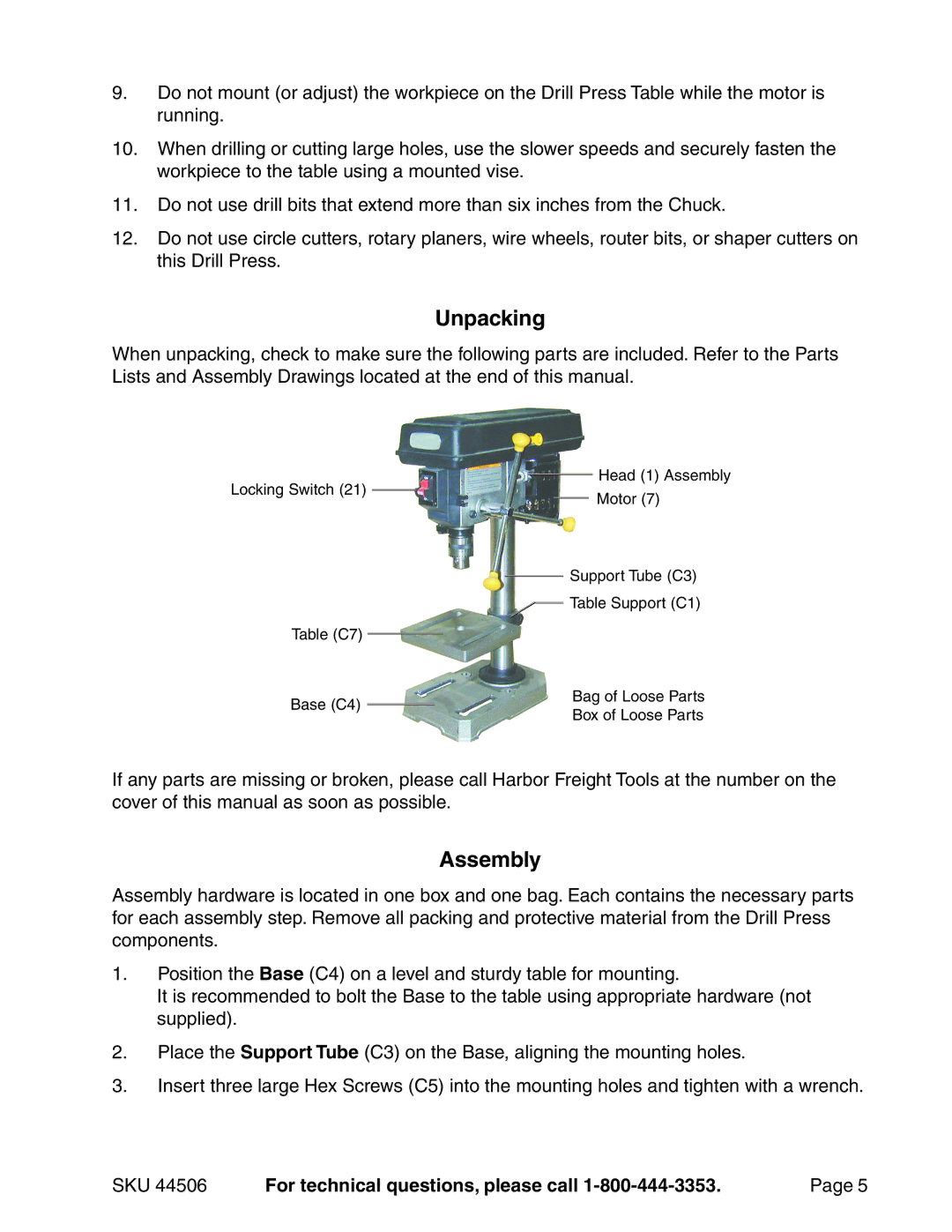 Harbor Freight Tools 44506, 8 inch drill press operating instructions Unpacking, Assembly 