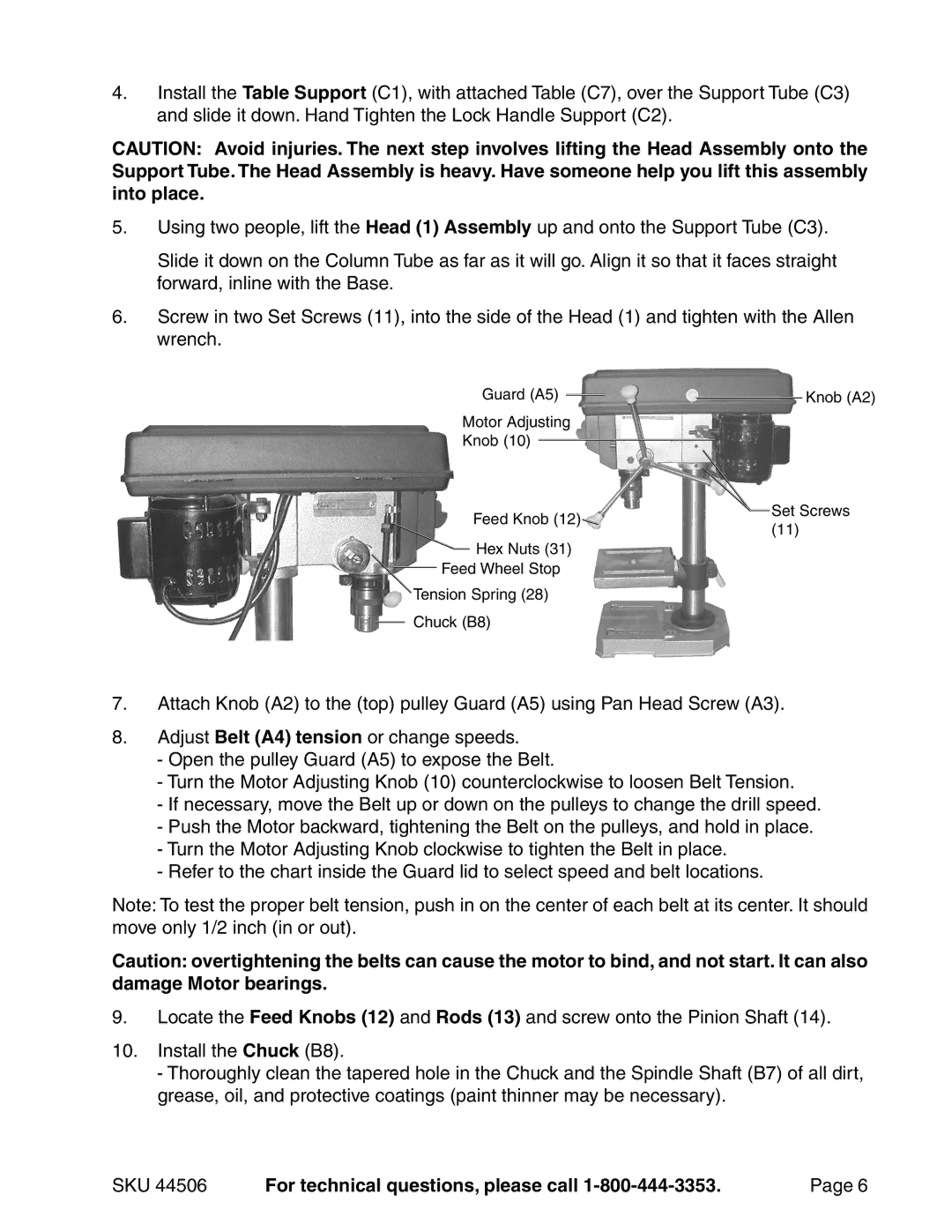 Harbor Freight Tools 8 inch drill press, 44506 operating instructions SKU For technical questions, please call 