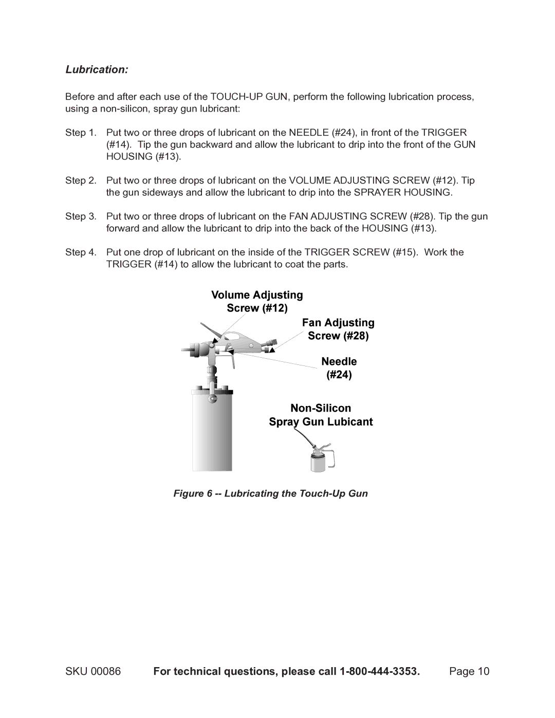 Harbor Freight Tools 86 operating instructions Lubrication, Lubricating the Touch-Up Gun 