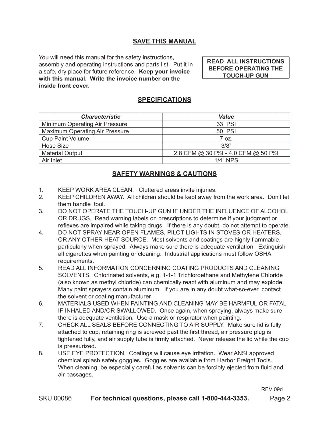 Harbor Freight Tools 86 Save this Manual, Specifications, Safety Warnings & Cautions, For technical questions, please call 