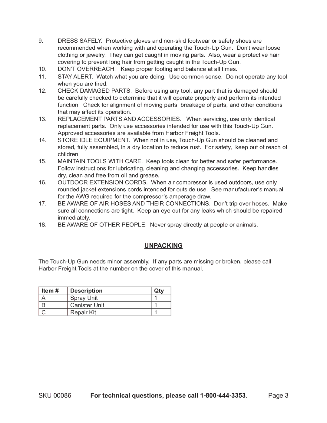 Harbor Freight Tools 86 operating instructions Unpacking 