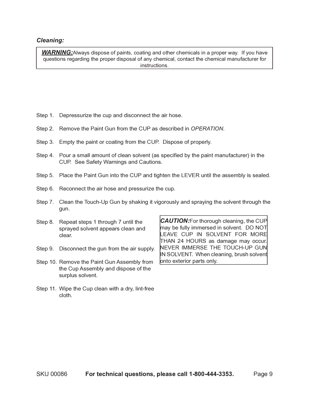 Harbor Freight Tools 86 operating instructions Cleaning 