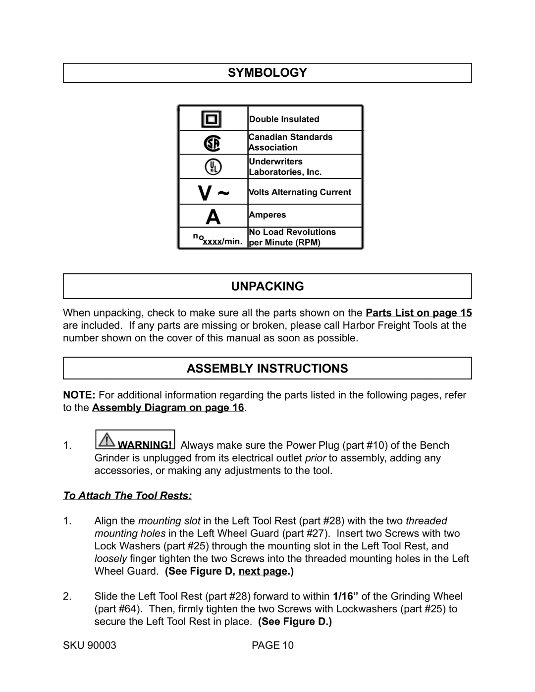 Harbor Freight Tools 90003 operating instructions Symbology, Unpacking, Assembly Instructions 