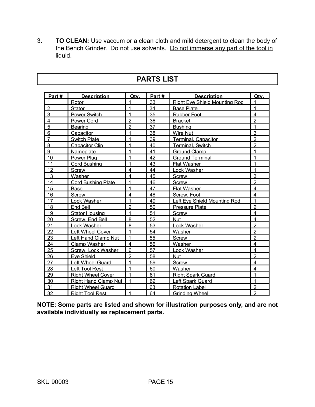 Harbor Freight Tools 90003 operating instructions Parts List 