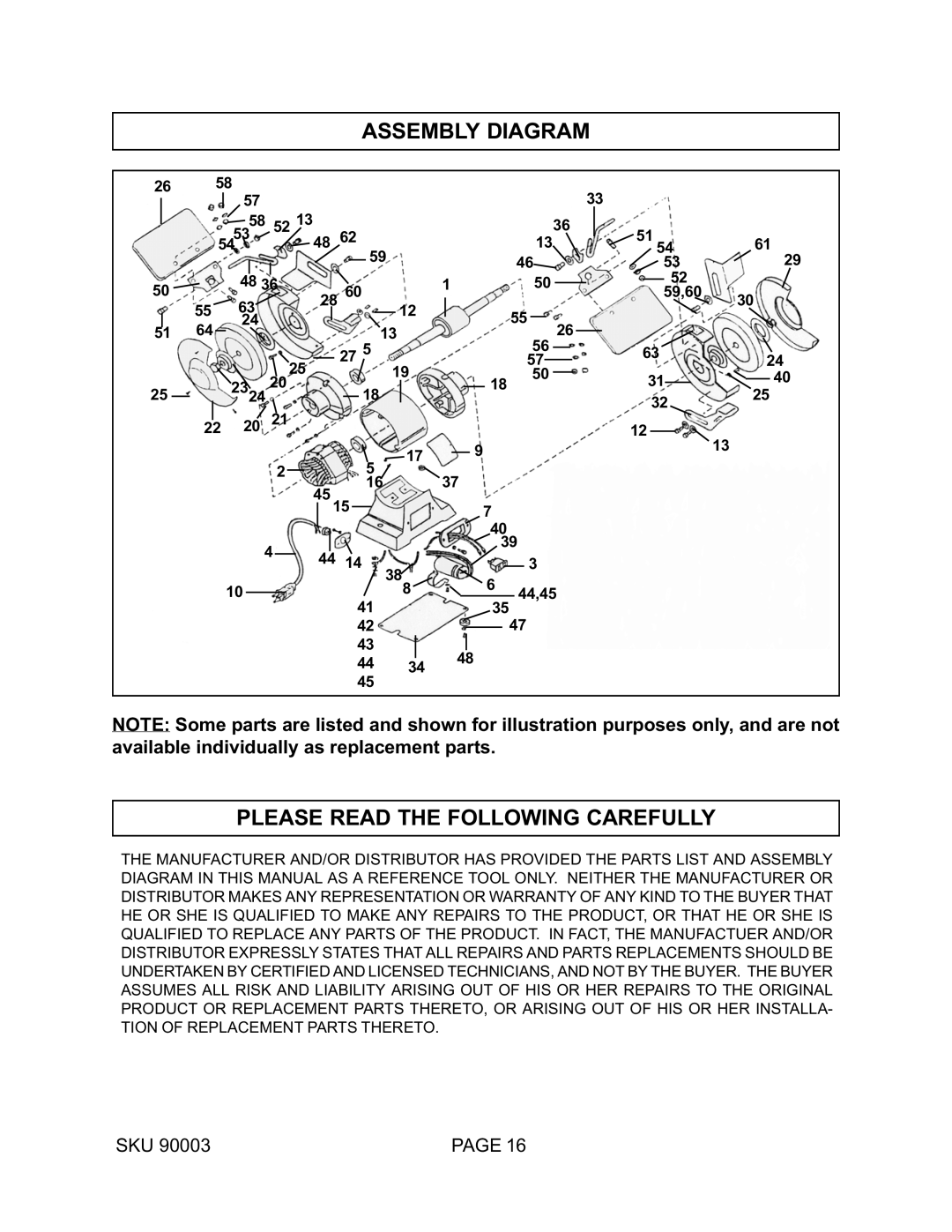 Harbor Freight Tools 90003 operating instructions Assembly Diagram, Please Read the Following Carefully 