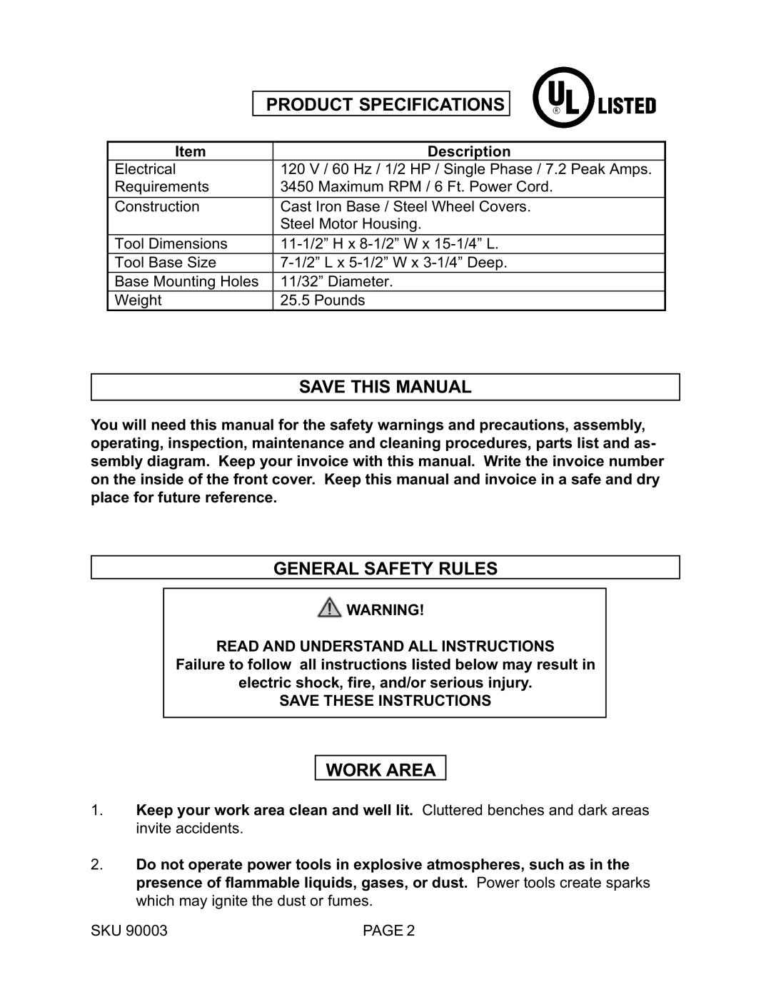 Harbor Freight Tools 90003 operating instructions Product Specifications Save this Manual, General Safety Rules, Work Area 