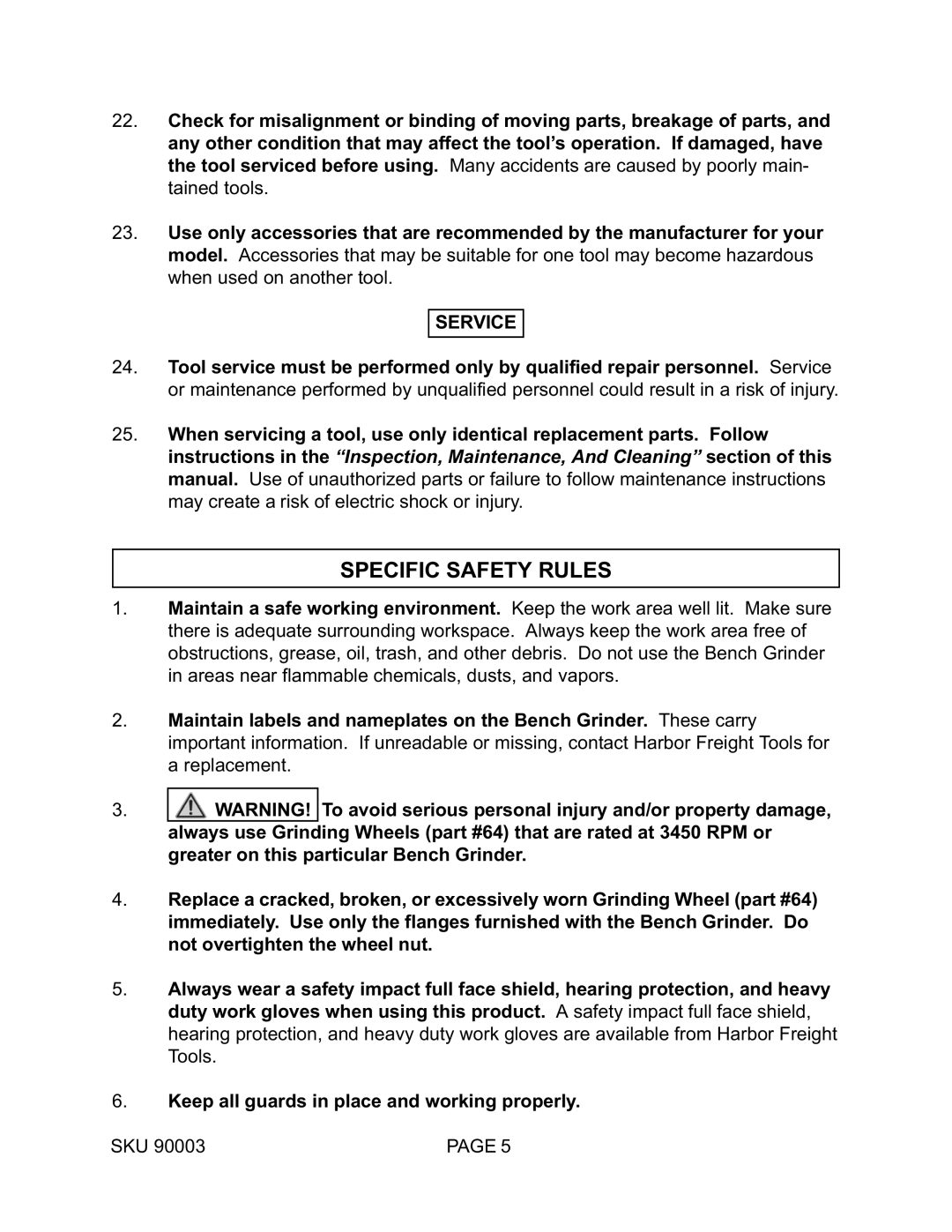 Harbor Freight Tools 90003 operating instructions Specific Safety Rules, Service 