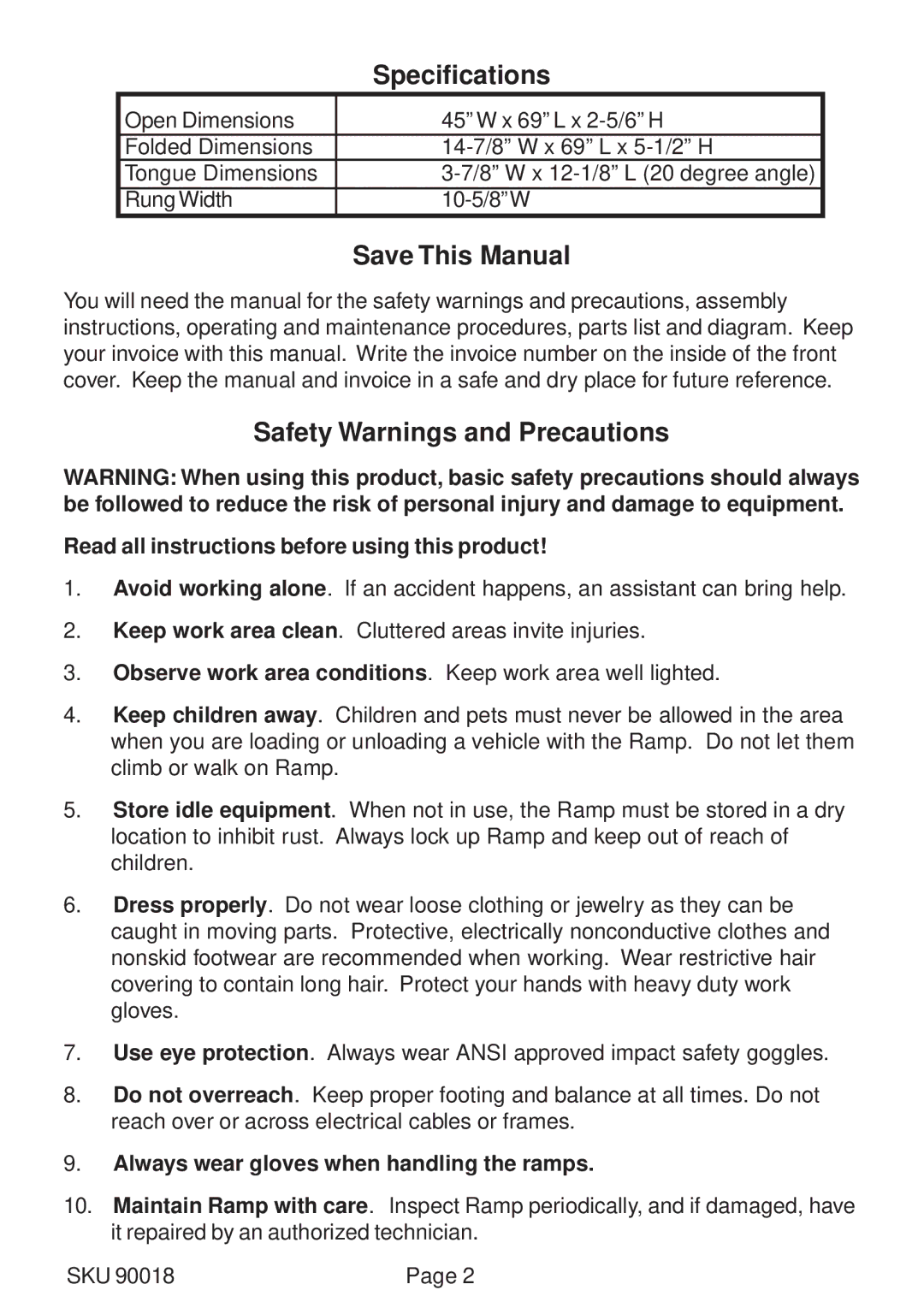 Harbor Freight Tools 90018 operating instructions Specifications, Save This Manual, Safety Warnings and Precautions 