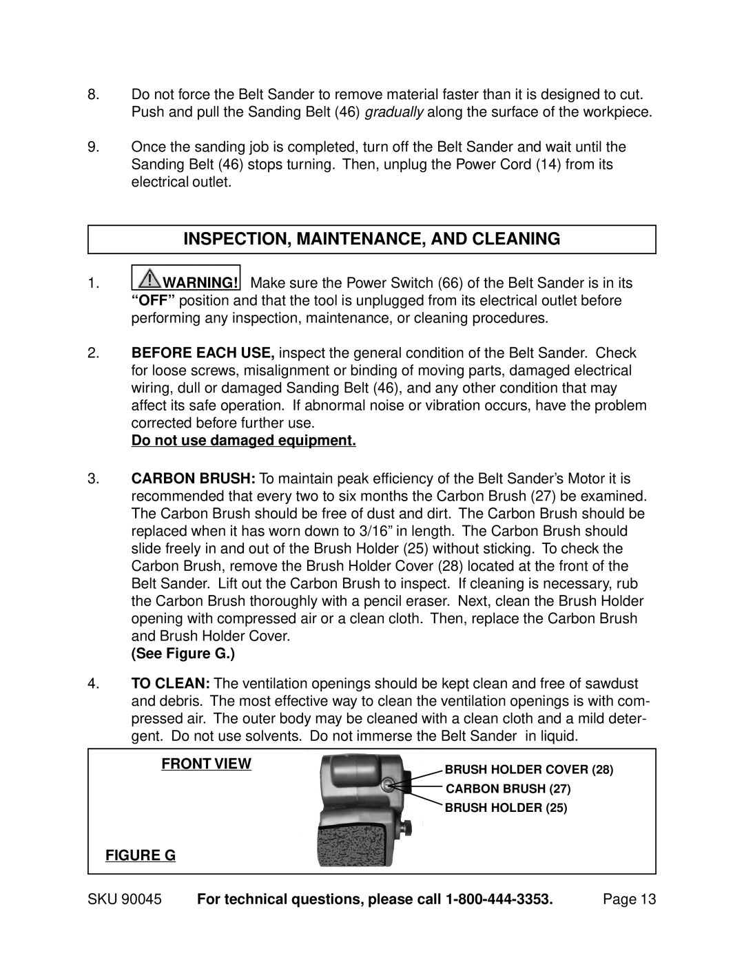 Harbor Freight Tools 90045 INSPECTION, MAINTENANCE, and Cleaning, Do not use damaged equipment, See Figure G, Front View 